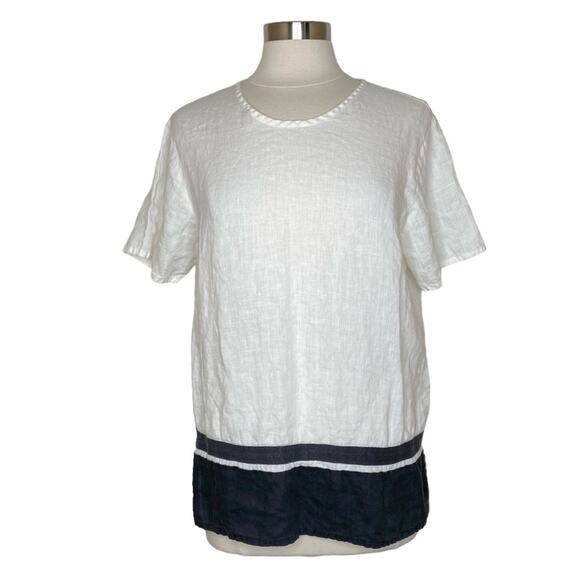 Flax Cream Black Trim Linen Short Sleeve Top Women's Small Minimalist Lagenlook - Picture 9 of 9